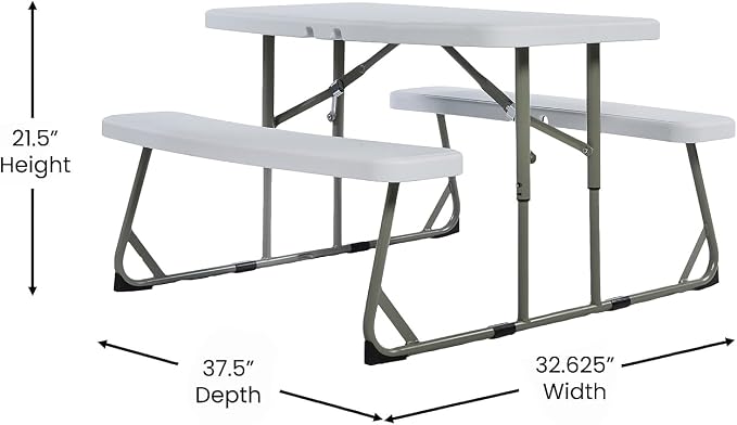 Flash Furniture Paige Easy-Fold Kids Outdoor Picnic Table and Benches - Commercial Grade Folding Plastic Play Table - Recommended for up to Age 5 - White