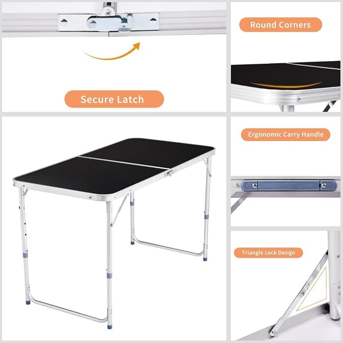 3 Feet Adjustable Height Small Folding Table with Carrying Handle, Lightweight Portable Picnic Table for Outdoor Indoor Camping BBQ Fishing Beach Use, MDF Tabletop, Black 5Pcs, Aluminum Frame
