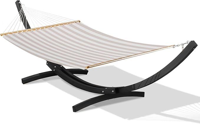 Lazy Daze Hammocks 12 FT 2 Person Double Quick Dry Textilene Hammock with Curved Steel Heavy Duty Stand for Outside, Backyard, Patio, 450 Lbs Capacity, Beige White Stripes