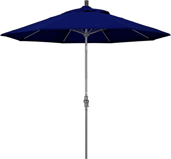 California Umbrella 9' Rd. Crank Lift, Collar Tilt, Aluminum Pole, Fiberglass Rib Patio Umbrella, Hammertone Grey Finish, Sunbrella True Blue