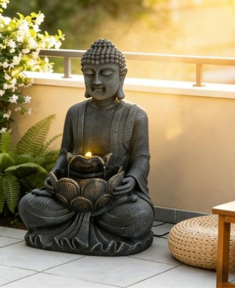 28" H Zen Meditating Buddha Water Fountain, 2-Tier Lotus Cascading Waterfall with LED Light, Polyresin Outdoor Statue for Garden, Patio & Indoor Decor
