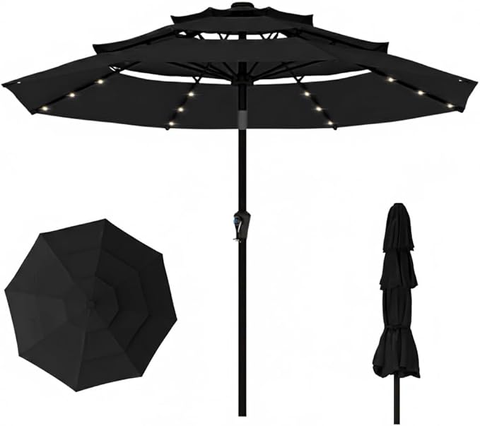 10ft 3-Tier Patio Umbrella with 32 Solar Powered LED Lights, Windproof Outdoor Market Umbrella for Deck, Poolside & Garden, Sturdy Push-Button Tilt Table Umbrella, Black