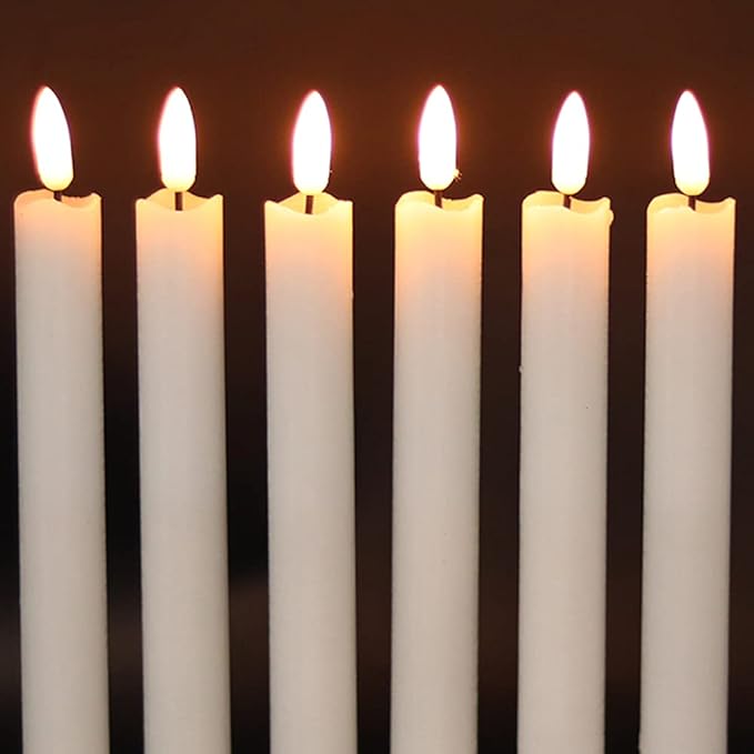 Wondise Flickering Taper Candles with Timer and Remote, 9 Inch Battery Operated 3D Wick Real Wax White Candles for Wedding Holday Christmas Decoration, Set of 6(D0.8 x H9.6 Inch)