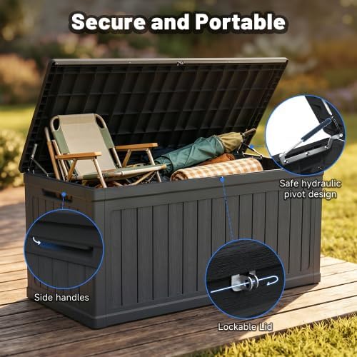 Outdoor Storage Box, Durable Deck Box with Side Handle and Lockable Lid, Deck Boxes Outdoor Waterproof, Large Patio Furniture for Poolside Accessories, Garden Tools, 260 Gallon