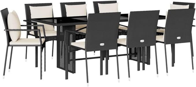 Backyard Furniture Patio Conversation Sets Outdoor Seating 9 Piece Patio Dining Set with Cushions Black Poly Rattan Suitable for Gardens, Balconies, Decks