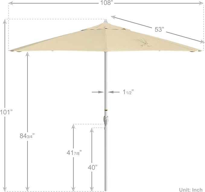 California Umbrella 12-Year Protection 9' Rd Aluminum Patio Umbrella, Crank Lift, Auto Tilt, White Finish, Sunbrella Canvas