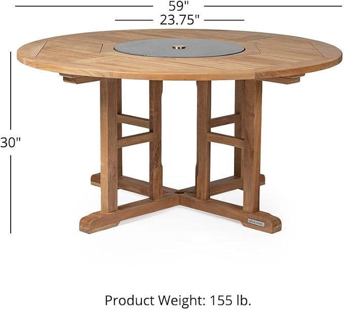 Ash & Ember Grade A Teak 59" Round Dining Table with Granite Lazy Susan, Turntable Rotating Tray Serving Plate, Slatted Surface with Umbrella Hole, Fits 4 People Comfortably, Weather-Resistant