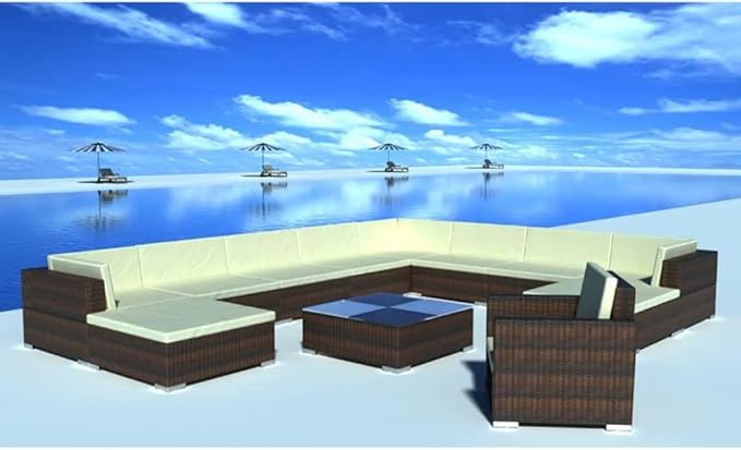 12 Piece Patio Lounge Set with Cushions, Patio Conversation Set Front Porch Furniture Porch Furniture Set Outdoor Dining Sets for Negotiation Area Garden Piazza Poolside Poly Rattan Brown