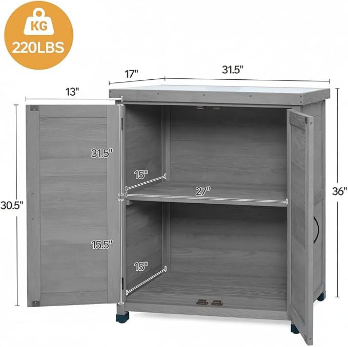Gray Wood Outdoor Storage Box and Potting Bench with Metal Table Top, Weather-Resistant Deck Box for Patio Garden Tools, Sturdy X-Frame Work Station, 31 x 17 x 36 Inches