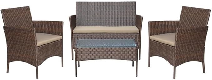 Jeco Conor 4PC Steel Esprsso Resin Wicker Patio Conversation Set with Tan Cushion