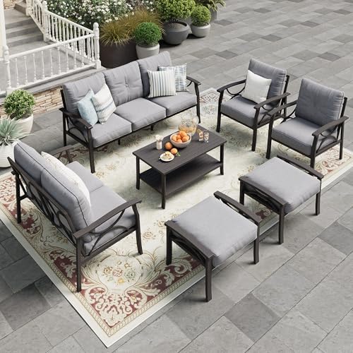 7-Piece Outdoor Patio Furniture Set, Outdoor Metal Sectional Furniture with Cushions, Outdoor Conversation Seating Set with Coffee Table for Balcony, Garden, Deck, Backyard, Grey