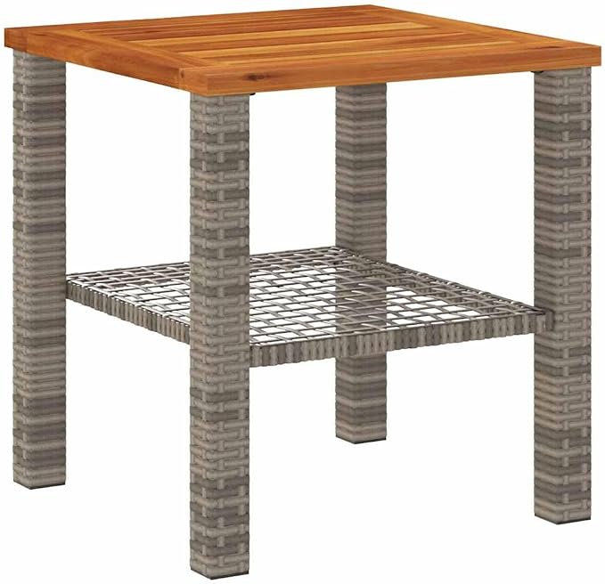 Small Garden Table with Acacia Wood Top, 15.7x15.7x16.5 Inch Patio Table Gray, PE Rattan Outdoor Side for Backyard