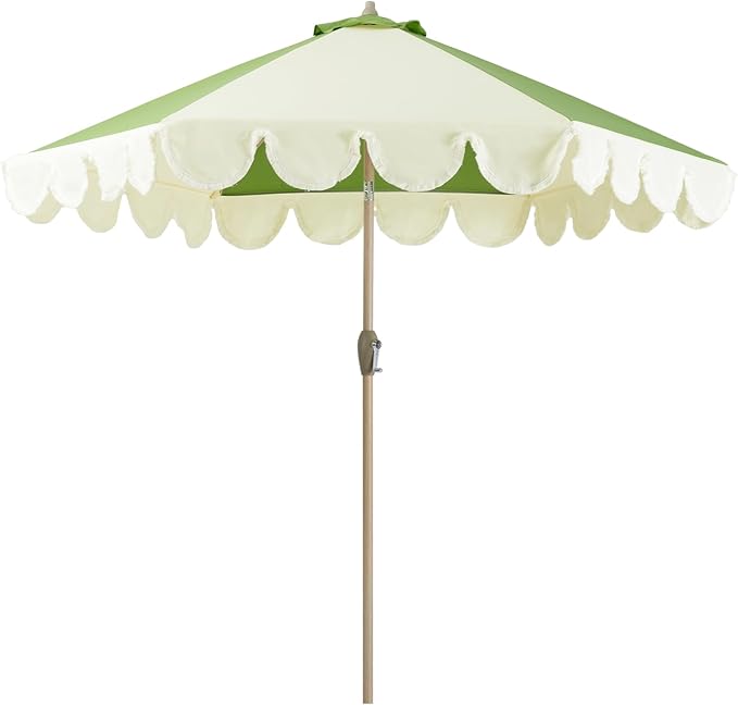 Tempera 9ft Scalloped Patio Umbrellas with Fringe, Market Umbrellas with Water-Resistant and Fade Resistant Canopy, 1.5" Wood Pole & Button Tilt.
