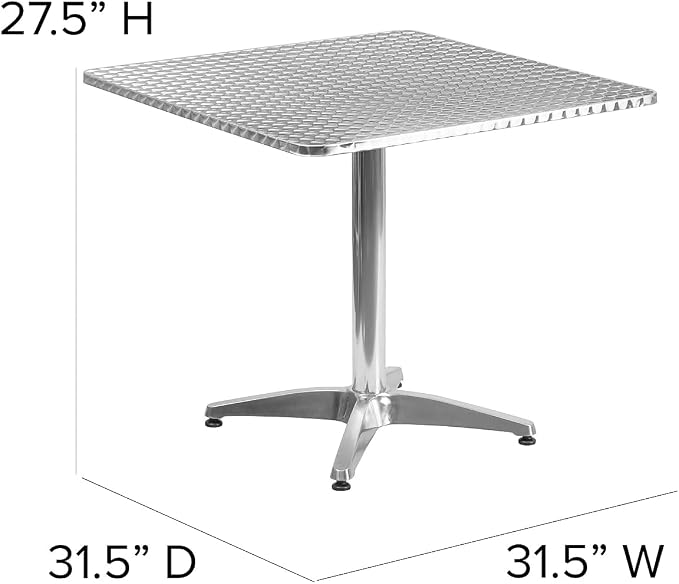 Pemberly Row Square Bistro Table, 31.5 in Aluminum and Steel with Stainless Steel Top, Lightweight Design, Indoor/Outdoor Use, Commercial or Residential Patio Dining Table