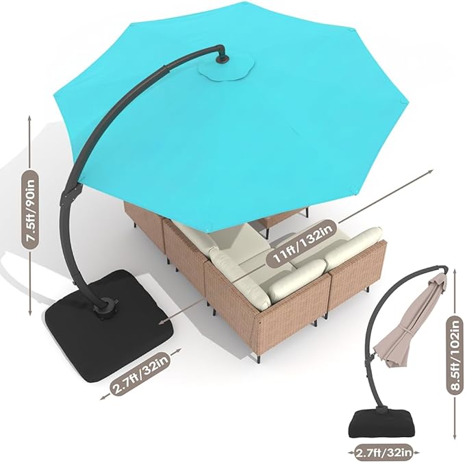 ENSTVER 11FT Cantilever Patio Umbrella With Base Included, Round Large Aluminum Outdoor Cantilever, Heavy Duty Offset Umbrella with 360°Rotation for Pool, Deck, Backyard, Garden(Lake Blue)