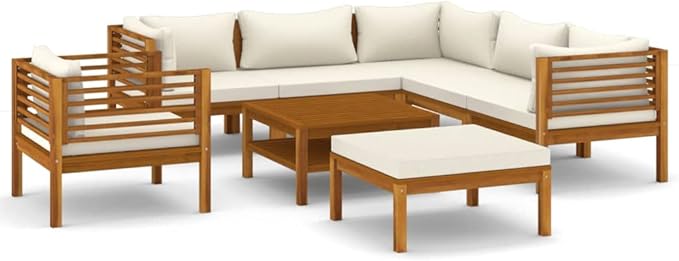 Patio Lounge Set with Cream Cushion,Patio Furniture Sets,Patio Conversation Sets,Outdoor Furniture Sets,for Garden,Backyard,Outdoor,8 Piece Solid Acacia Wood