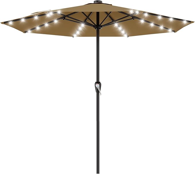 AreShark 12FT Large Patio Umbrella with Solar Lights, Solar Powered Outdoor Umbrella with Crank, Patio Table Market Umbrellas for Garden, Deck, Backyard, Pool and Beach, Khaki