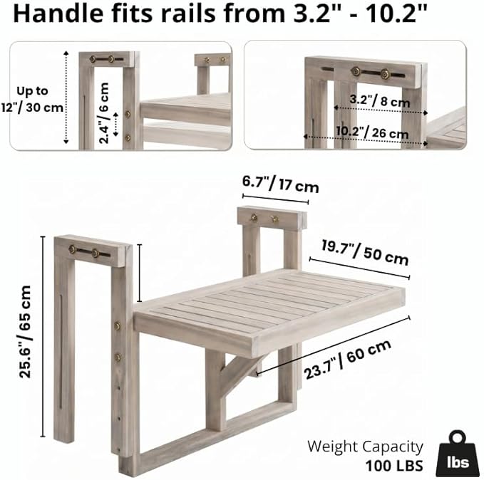 Acacia Wood Balcony Hanging Table – Stable Fixed Outdoor Railing Table – Weather-Resistant White Finish – Adjustable Mounting for Small Balcony, Patio, and Porch