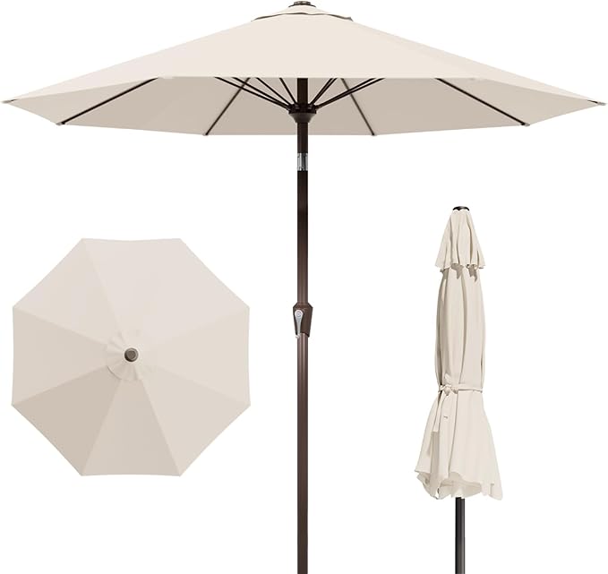 9FT Patio Umbrella Outdoor Table Umbrella w/Push Button Tilt and Crank, 8 Sturdy Ribs, UV Resistant Waterproof Market Umbrella for Pool, Deck, Backyard, Garden, Creamy White