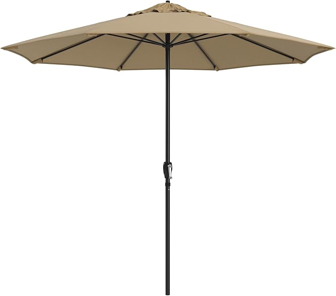 California Umbrella 8-Year Protection 9 Ft Outdoor Patio Umbrella, Solstice Fade-Resistant Fabric, Auto-Tilt, Heavy Duty Aluminum Frame, 8 Reinforced Ribs for Pool or Deck, Black Pole, Champagne