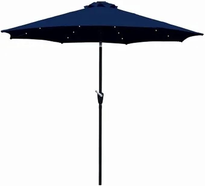 Four Seasons Courtyard 9 Foot Polyester 2 Section Steel Pole Outdoor Patio Market Umbrella with Open Tilt System and LED Lights on 8 Steel Ribs, Navy