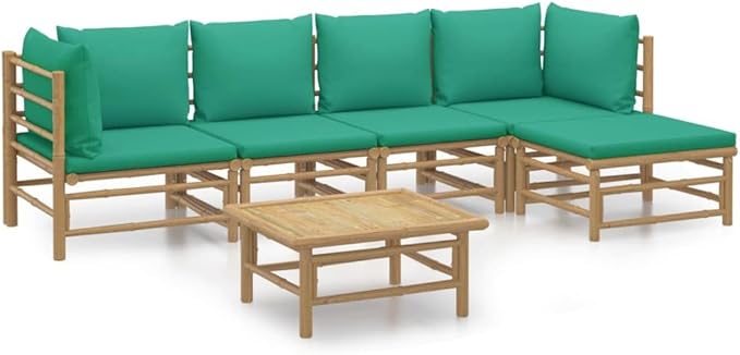 6 Piece Patio Lounge Set with Green Cushions, Porch Furniture Set Sectional Sofa Patio Conversation Set Front Porch Furniture for Negotiation Area Piazza Exhibition Garden Bamboo