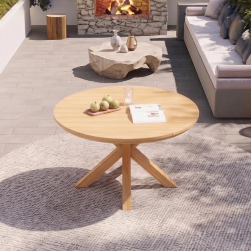 44.5 Inch Round Outdoor Dining Table, Premium Acacia Wood Patio Table, with X-Shaped Base, Slatted Wooden Table, for Garden, Backyard, Balcony and Indoor Use, Acacia Wood Finish