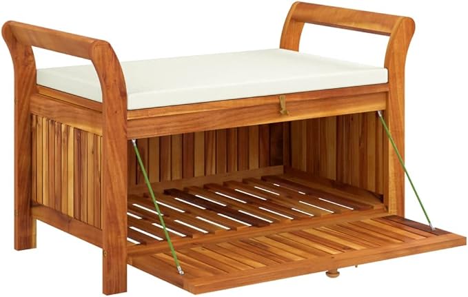 Wooden Outdoor Patio Storage Bench Large Deck Box with White Cream Cushion 35.8"x19.7"x23.6" Solid Wood Acacia Storage Box Deck Box with Seat for Garden, Balcony, Porch, Pool,Yard-AA