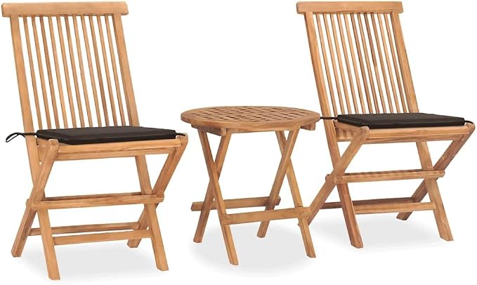 Solid Teak Wood 3 Piece Folding Patio Dining Set with Cushion for Garden Deck Balcony, Space Saving Outdoor Table and 2 Chairs with Taupe Cushion, No Assembly Required