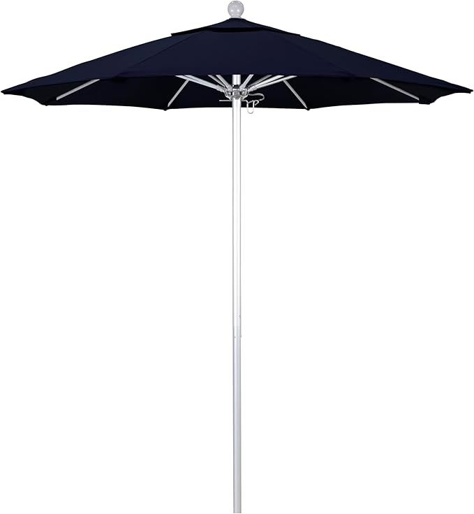 California Umbrella 7.5' Rd. Venture Series Contract Grade Patio Umbrella, Push Open Pin Stop, Silver Finish, Solution Dyed Navy Blue