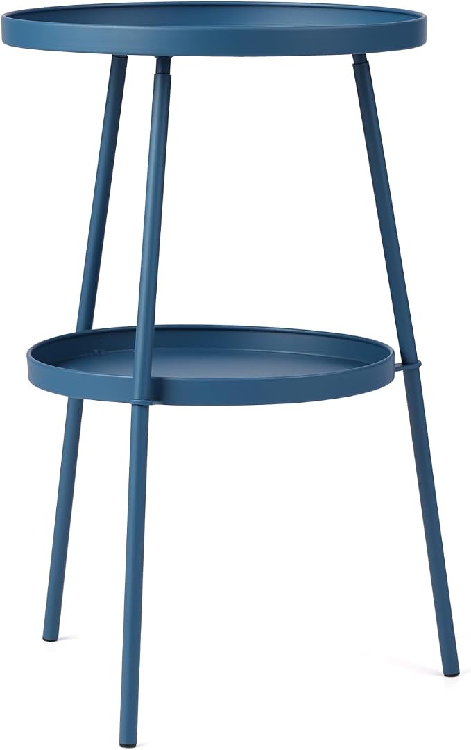 Outdoor Side Table 2 Tier End Table Metal Round Coffee Tables Nightstand for Small Spaces Indoor Outdoor and Living Room Bedroom or Office (Blue)
