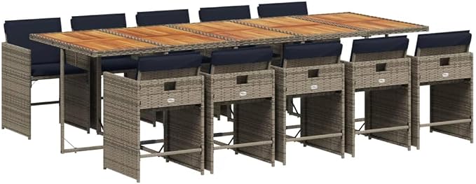 11 Piece Outdoor Dining Set, PE Rattan Patio Furniture with Acacia Wood Tabletop, 10-Seater Grey Garden Table and Chairs with Cushions