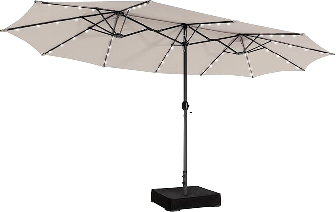 Giantex Large Outdoor Umbrella Double-Sided, 48 Solar Lights, Auto-Charging Solar Panel, Extra Large Patio Umbrella with Base and Crank, Outdoor Market Umbrellas for Poolside Garden