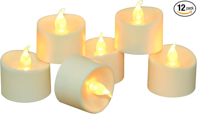 12 Pack LED Tea Lights, Last 100H+, Warm Yellow Flickering Light(Ivory Base)