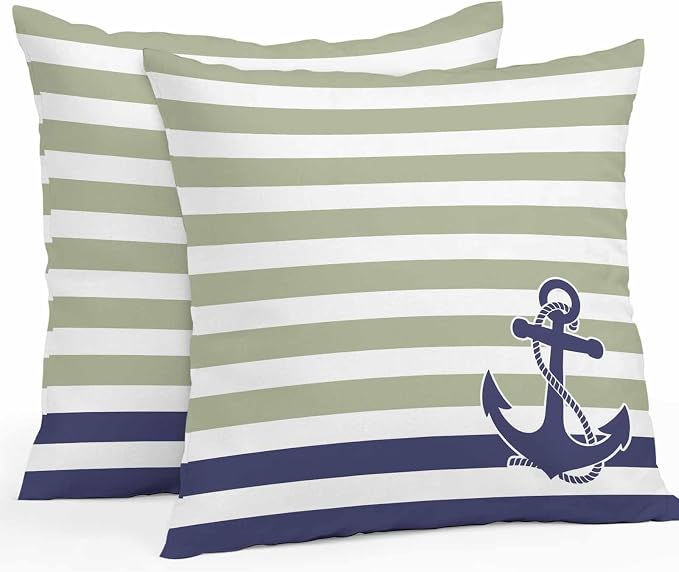 Throw Pillow Covers 26x26 Inch Set of 2, Striped Anchor Waterproof Outdoor Cushion Covers, Navy Blue Nautical Sage Green Geometric Decorative Pillowcases for Couch, Sofa, Bed, Garden, Patio