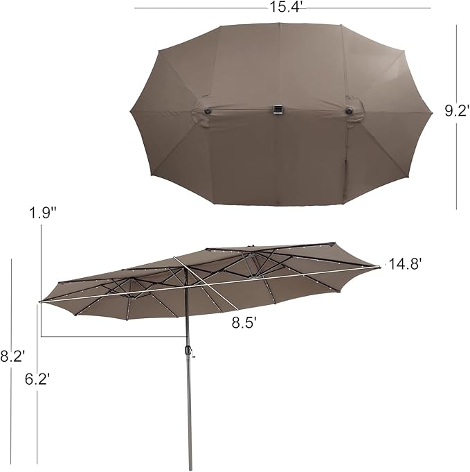 Giantex 15 FT Double Patio Umbrellas with 48 Solar LED Lights, Auto-Charging Panel, Crank System, Outdoor Extra-Large Rectangle Market Table Umbrella for Garden Deck Backyard Beach Pool