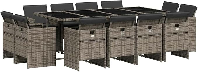 13 Piece Outdoor Dining Set with Cushions Gray Poly Rattan Patio Furniture for 12 Seats, Folding Chairs with Removable Washable Cushions, Tempered Glass Table for Garden Backyard Deck Entertaining
