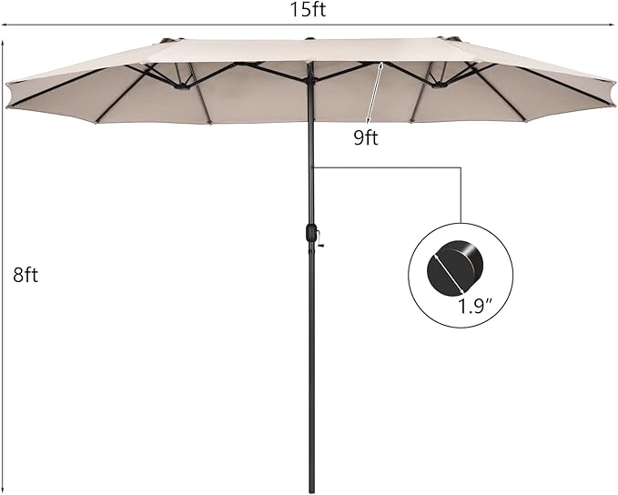 Tangkula 15Ft Double-Sided Patio Umbrella, Outdoor Extra Large Umbrella W/Hand-Crank System & Air Vents, Market Twin Umbrella W/ 12-Rib Sturdy Metal Frame for Poolside, Garden Backyard (Beige)