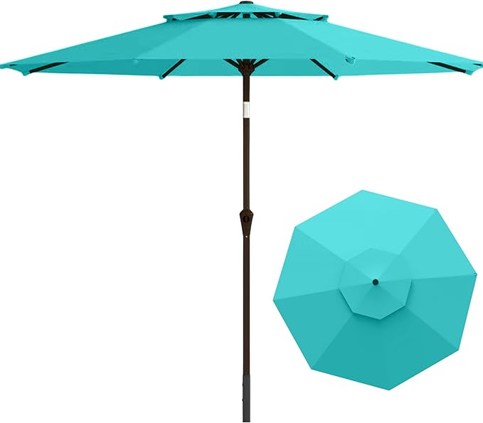 9FT Patio Umbrella 2-Tier Outdoor Market Table Umbrella with Push-Button Tilt & Crank | UPF 50+ & Waterproof for Backyard,Garden,Pool,Deck (Peacock Blue)