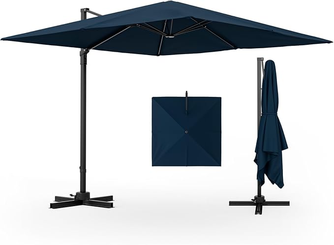Tangkula 9.5 FT Cantilever Patio Umbrella, Outdoor Square Offset Umbrella with 360° Rotation, Heavy Duty Patio Hanging Umbrella with Cross Base for Garden Deck Pool Backyard (Navy)