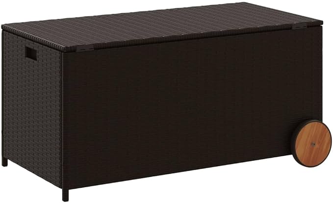 Outdoor Garden Storage Box with Wheels 50.2 Gal Brown Poly Rattan Deck Box for Patio Furniture Cushions, Pillows, Blankets - Durable & Weather Resistant with Easy Roll Design
