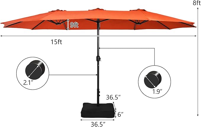 Tangkula 15FT Double-Sided Patio Umbrella with Base, Extra-Large Market Umbrella W/Crank System, Outdoor Twin Umbrella W/ 12-Rib Metal Structure & Air Vents for Garden, Backyard, Poolside (Orange)