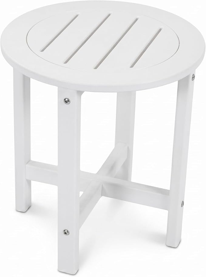 Outdoor Side Table for Patio Round HDPE Outdoor End Table with Storage Shelf，Plant Stand Tables for Patio Porch Balcony Garden,Weatherproof，White