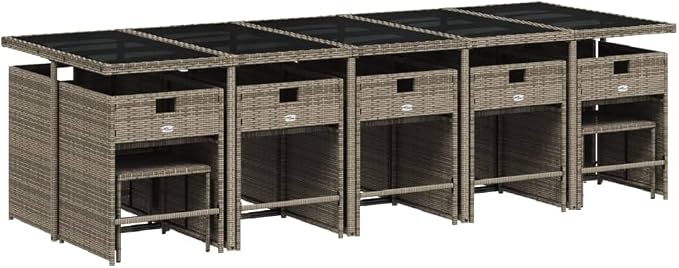 15 Piece Outdoor Dining Set, Poly Rattan Garden Table and 14-Seater Patio Chairs with Cushions, Space-Saving Cube Furniture for Backyard, Balcony, Gray