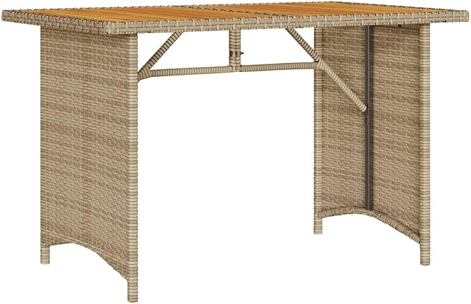 Garden Table Beige PE Rattan with Powder-Coated Steel Frame and Solid Acacia Wood top 43.3 x 26.8 x 27.6 in Rectangular Outdoor Dining Table for Patio Balcony Backyard use