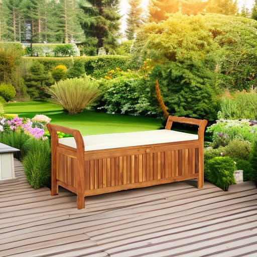 Wooden Outdoor Patio Storage Bench Large Deck Box with White Cream Cushion, Entryway Storage Bench, Solid Wood Acacia Storage Box Deck Box with Seat, 49.6"x19.7"x23.6"