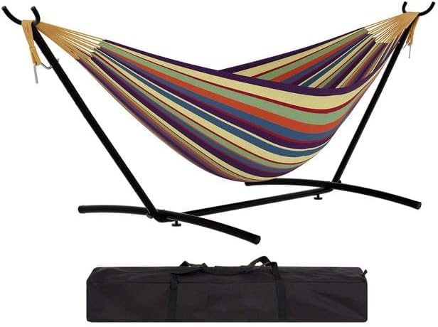 Hanging Hammock Chair, Swing Seat Chair for Indoor Outdoor, Heavy Duty Hammock with Space-Saving Steel Stand & Portable Carrying Case, 450lb Capacity, Yellow Rainbow Stripes