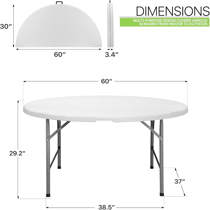 Magshion 60" Round Folding Table, 5 Feet Bi-Folding Plastic Commercial Dining Card Table w/Carrying Handle for Outdoor Wedding Party Event Picnic, White/Gray