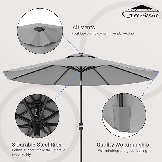 Greesum 9FT Patio Umbrella, Outdoor Table Umbrella with Push Button Tilt, Crank and 8 Sturdy Ribs for Garden, Lawn, Backyard & Pool, Without Base, Gray