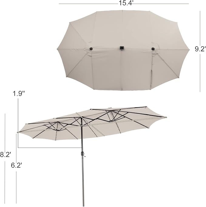 Giantex 15 FT Double Patio Umbrellas with 48 Solar LED Lights, Auto-Charging Panel, Crank System, Outdoor Extra-Large Rectangle Market Table Umbrella for Garden Deck Backyard Beach Pool